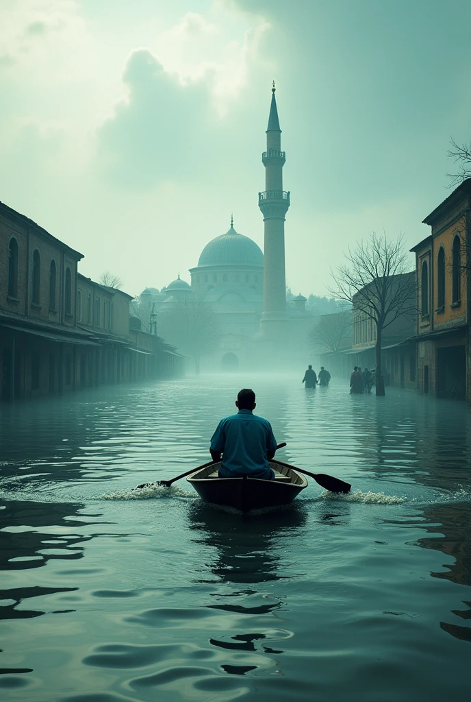 A man took a boat in the flood and went to the side of the mosque minar