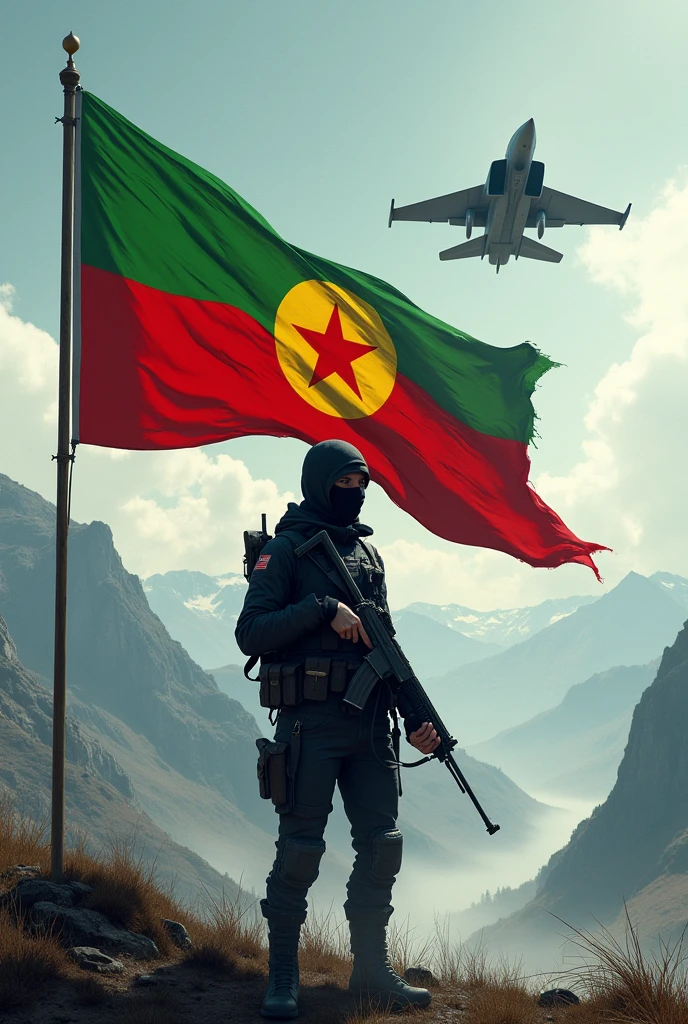 Green Red Yellow Colored Flag with a Star in it and a Masked Person with a Covered Face Protecting the Flag with a Kalashnikov in her Hand F16 is Traveling Above them in the Mountain(feminine

