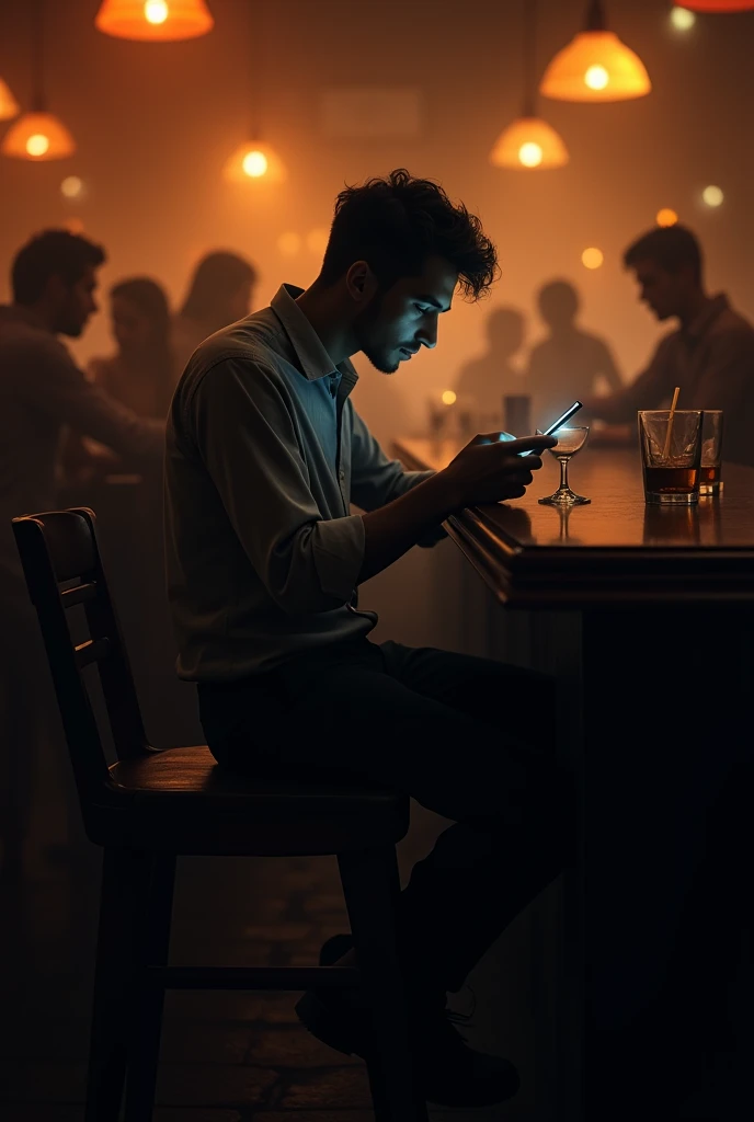 Man sitting in a bar at night using his cell phone