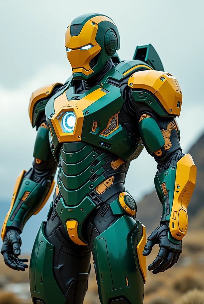 Chat create a complete armor and legs and feet that resembles that of Iron Man from the first film with another model of face and armor with painting inspired by the colors of Brazil , Unripe,  yellow , cerulean ...