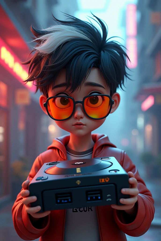 Make a boy with a white stripe in his hair, orange sunglasses, holding a Dreamcast