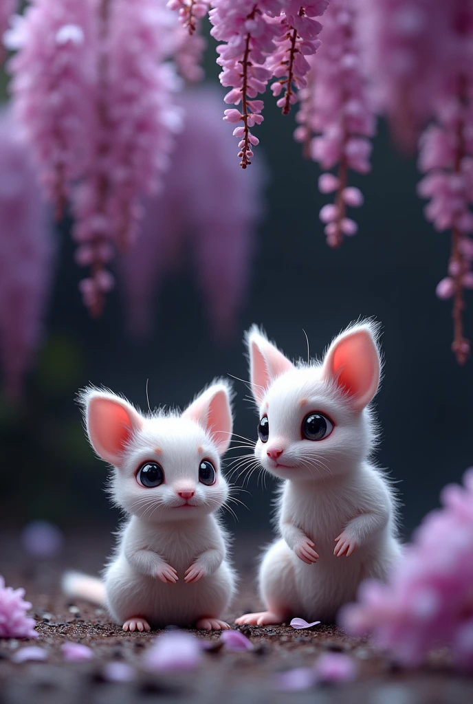 A captivating and surreal photographgraph of a cute extra fluffy two Jerboa rendering of 藤の花, Dark Background. feather, Bright colors, The background provides sharp contrast、Engage your audience'Note., photograph, 3D Rendering, Conceptual Art