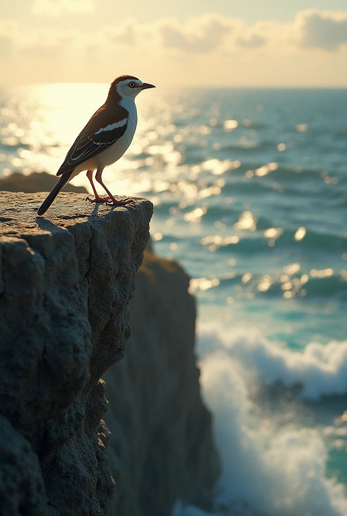 1 adult lark standing on a cliff near the sea at midday