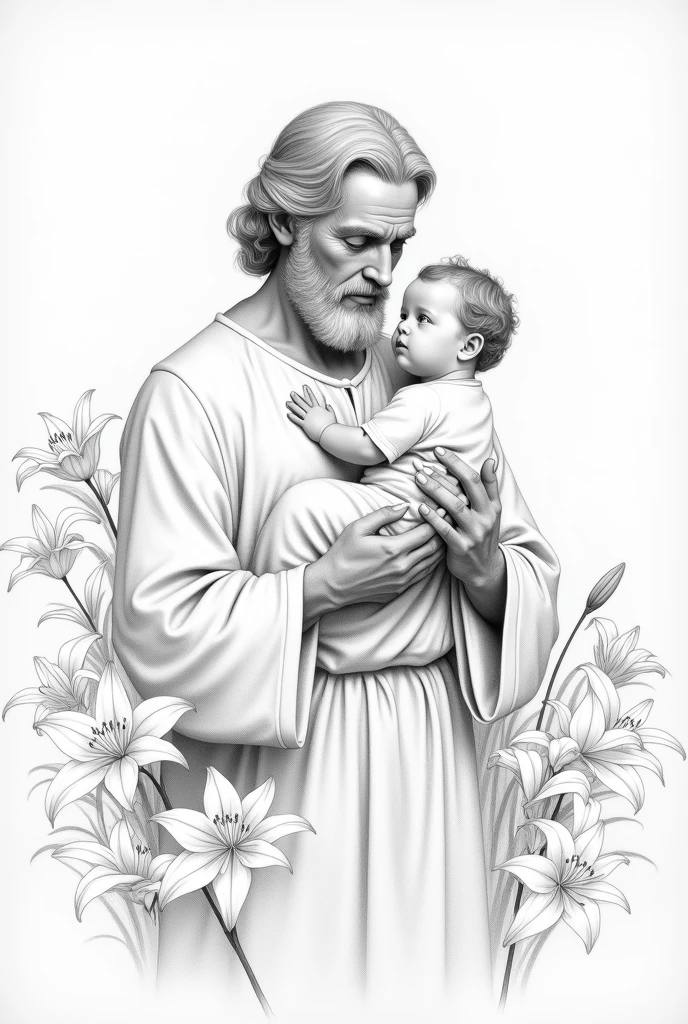 Image of Saint Joseph with lilies and Jesus made in a drawing only with pencil lines without shadows or colors