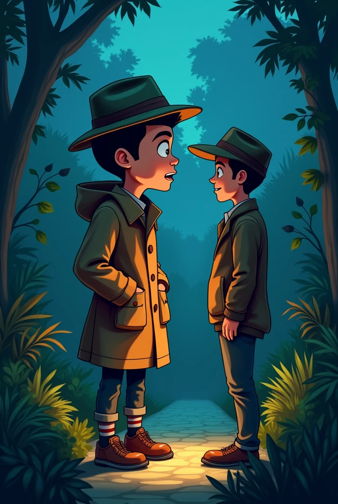 "Cartoon detective named Cristiano with a big head and , resembling a young Cristiano Ronaldo, interviewing a gardener in a shadowy garden. Cristiano’s oversized head makes his questions seem humorous."
Details: The garden should be dimly lit, adding to the comedic contrast of Cristiano’s  and large head.
