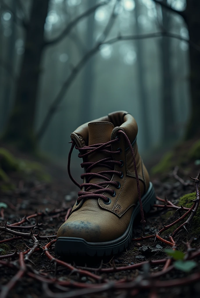 A shoe of Cristian tangled with thorns and blood in the middle of a dark and gloomy forest 