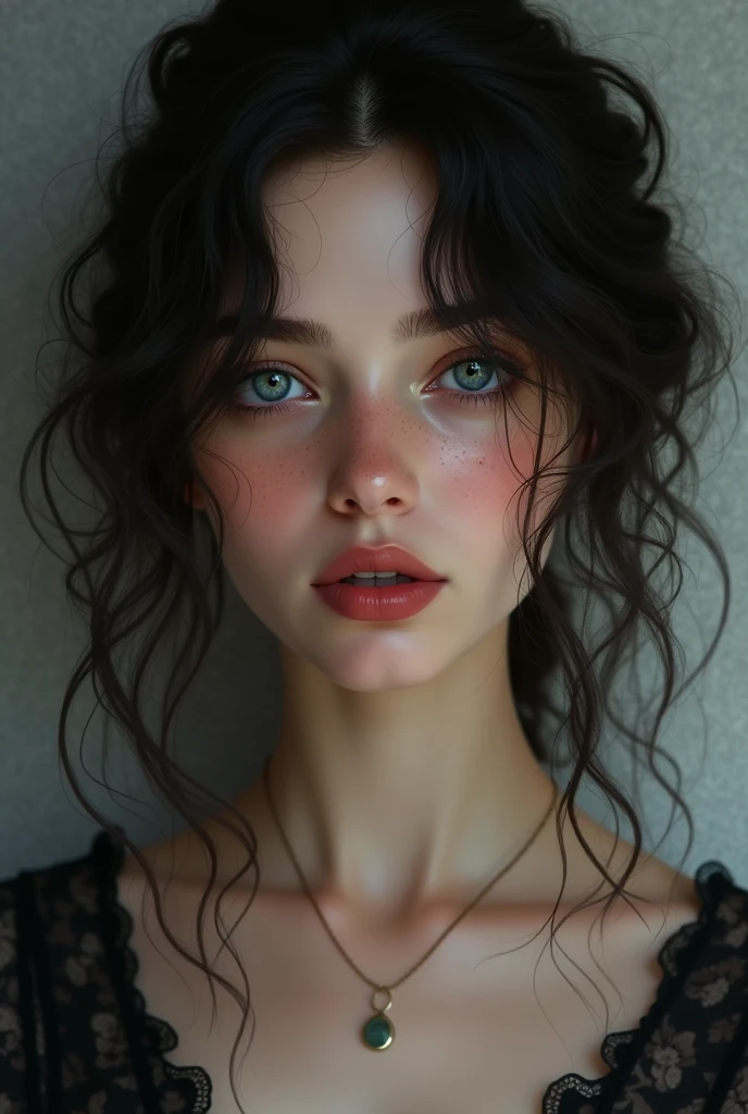 Beautiful woman, dark hair, blue eyes, White skin, Curly hair, easy harmony, slim, splattered nose, tearful eyes, subtle freckles, full lips