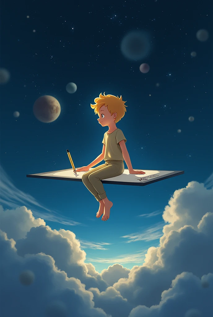 The image shows a figure of a child "the little Prince" floating in space with a background of stars and planets. "the little Prince"is in a dynamic and relaxed pose, with the body slightly leaning back and the head turned to one side. The right hand holds a digital pen near his mouth, as if in a thoughtful or creative pose, while the left hand is extended forward, with fingers open towards the camera.
The left leg is extended and resting on what appears to be a drawing tablet while the right leg is partially bent giving the illusion that the character is coming out of the drawing tablet. . On the graphics tablet you can see the logo of "XP-Pen", a well-known brand of graphic tablets, which reinforces the idea that the figure is in a digital creative environment.
The composition of the image gives a sense of creativity in a vast and expansive environment., suggesting that the act of creating digitally is something that can be as limitless as space.
Anime style semi realism illustration.