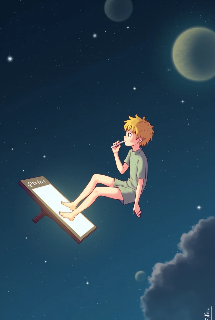 The image shows a figure of a child "the little Prince" floating in space with a background of stars and planets. "the little Prince"is in a dynamic and relaxed pose, with the body slightly leaning back and the head turned to one side. The right hand holds a digital pen near his mouth, as if in a thoughtful or creative pose, while the left hand is extended forward, with fingers open towards the camera. 

The left leg is extended and resting on what appears to be a drawing tablet while the right leg is partially bent giving the illusion that the character is coming out of the drawing tablet. . On the graphics tablet you can see the logo of "XP-Pen", a well-known brand of graphic tablets, which reinforces the idea that the figure is in a digital creative environment. 

The composition of the image gives a sense of creativity in a vast and expansive environment., suggesting that the act of creating digitally is something that can be as limitless as space.

Anime style semi realism illustration.