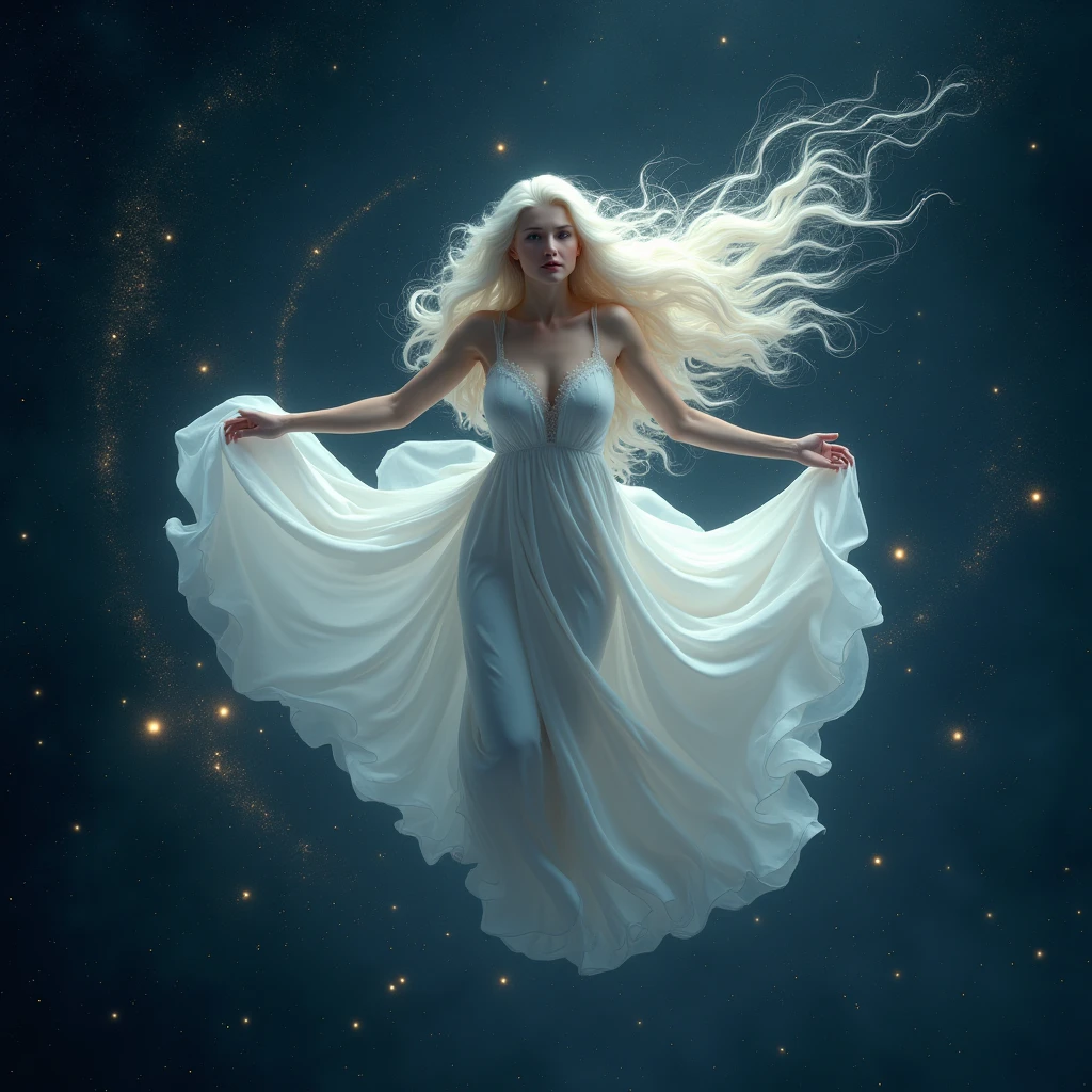 A woman with long white wavy hair,she will be flying in a constellation wearing a very long white dress,I want her beautiful