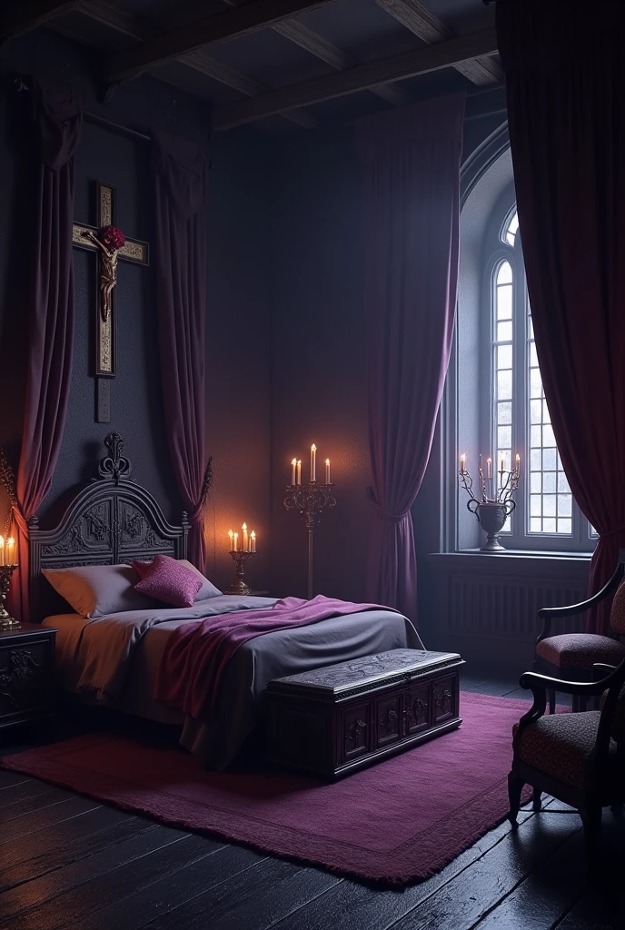 bedroom floor plan, gothic room, Mediovale, diffuse light, Dark curtains, candles in candelabras next to the bed, censers, cross with a flower in the center on the wall, Place to place armor,  black wooden floor, luz roxa, dawn, chest at the foot of the bed, no human