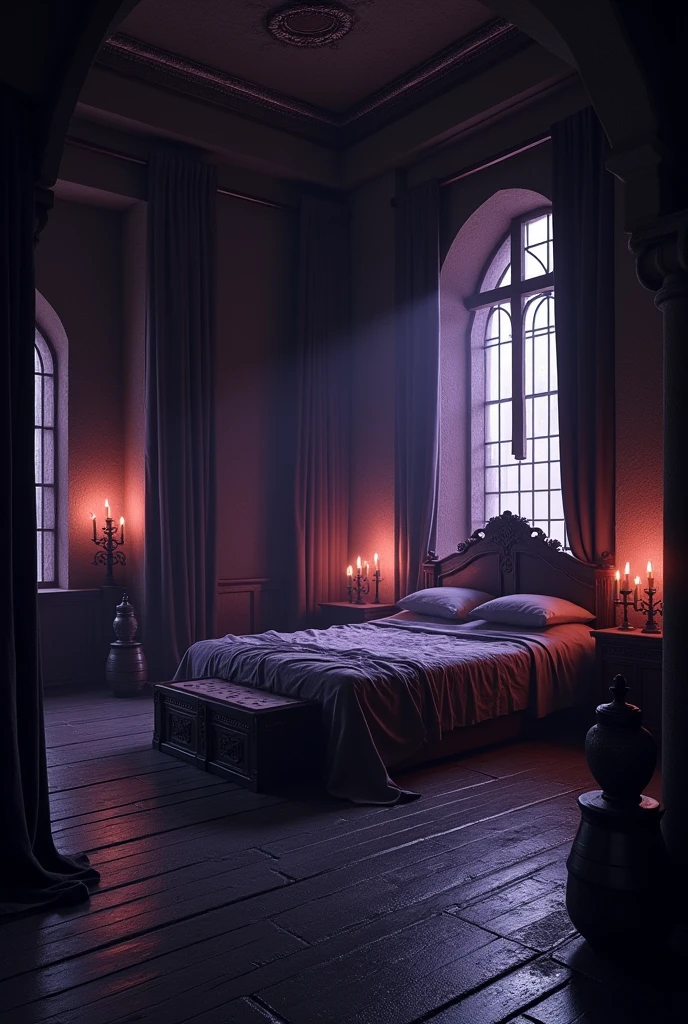 bedroom floor plan, gothic room, Mediovale, diffuse light, Dark curtains, candles in candelabras next to the bed, censers, cross with a flower in the center on the wall, Place to place armor,  black wooden floor, luz roxa, dawn, chest at the foot of the bed, no human