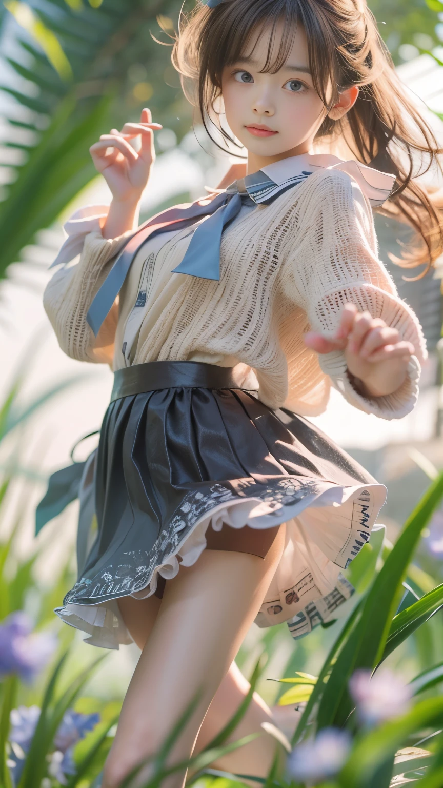 masterpiece , Highest quality , Very detailed , 1 person, ((Contrasting Eyes)) , running , blouse, skirt , bangs , field