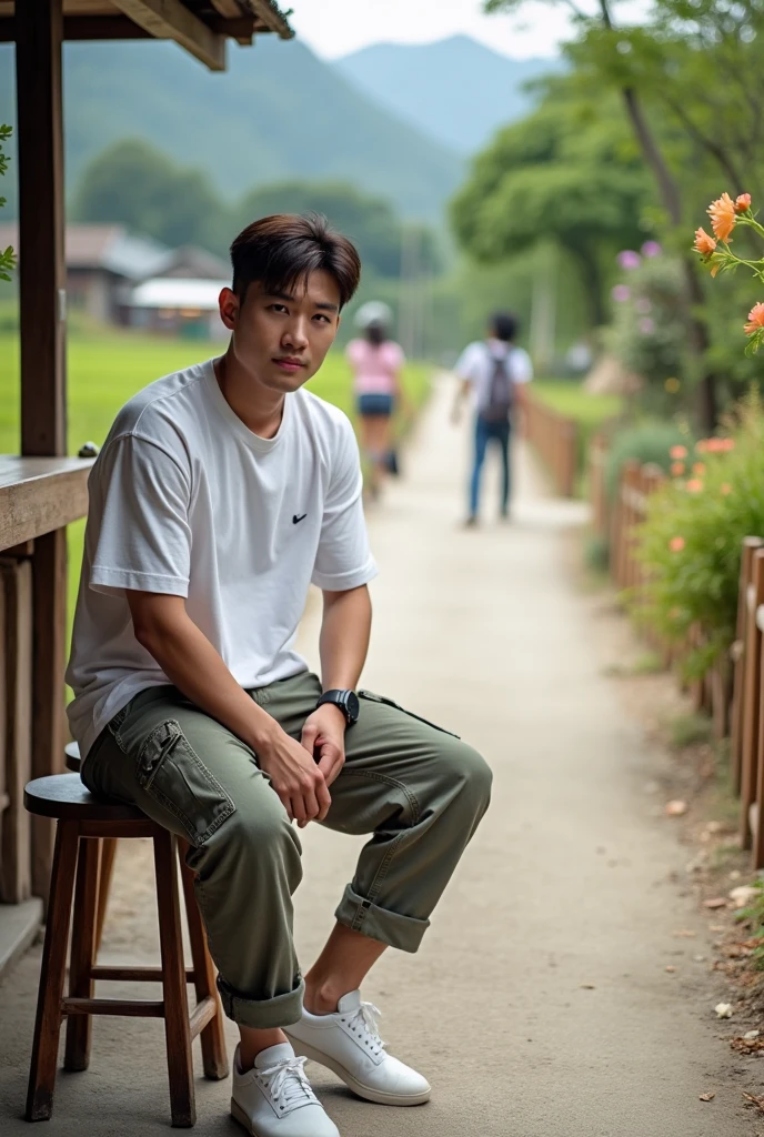 Handsome Korean man, white skin, well-groomed face. white t-shirt, knee-length cargo pants, cool black watch, white shoes, posing looking at the camera, sitting in a coffee shop on the side of a very beautiful village road. rice fields, there are children playing chase, farmers bringing garden produce, the mountain background is clean, the road on the right side of the road has a bamboo fence and beautiful flowers, original photo. realistic