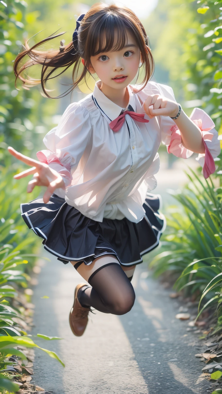 masterpiece , Highest quality , Very detailed , 1 person, ((Contrasting Eyes)) , running , blouse, skirt , bangs , field