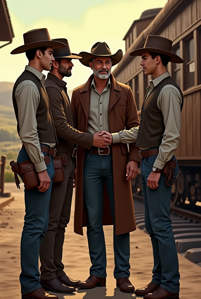 4 comwoy man saying goodbye to his friend at a train stop