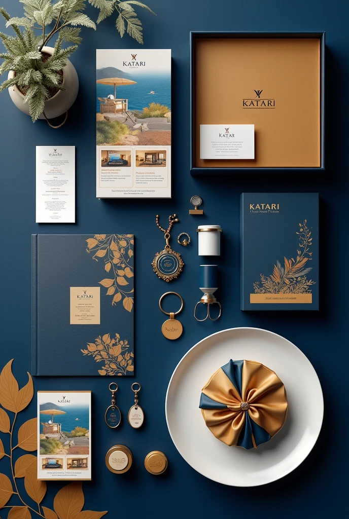 Image of a welcome kit that includes promotional materials from Katari, as information leaflets, brochure with additional discounts for future reservations and small gifts such as commemorative glasses, Katari brand keychains, pines, taking into account the dark blue colors, gold and white