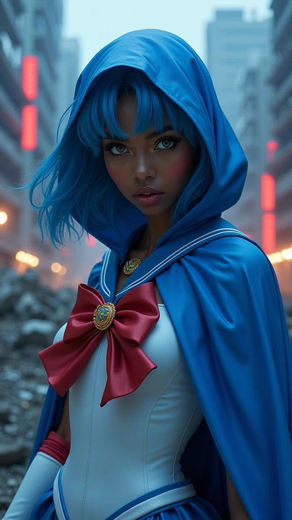 Sailor Mercury  with blue hair and a blue cape on her head, (dark ebony skin:1.4),(fondo ciudad destroyed apocalypse Tokio noche :1.4), artgerm jsc, portrait knights of zodiac girl, extremely detailed artgerm, ross tran 8 k, in the style of ross tran, artgerm julie bell beeple, by Ross Tran, ross tran style, alena aenami and artgerm, inspired by Ross Tran, high quality, (RAW photo, best quality), (realistic, photorealistic: 1.4), (extremely delicate and beautiful: 1.4), amazing, fine details, masterpiece, ultra detailed, high resolution, best illustration, best shadow, intricate, ( extremely intricate: 1.2), (exquisitely detailed skin), cinematic light, perfect anatomy, (cool color: 1.4), sharp focus, 8k UHD, DSLR, (Fujifilm XT3),(dark ebony skin:1.4),( iluminación cinematográfica :1.4), ,(Fondo de ruinas de mazmorra en ruinas Tokio cyberpunk :1.4 ),( pose americano :1.4), (Sailor Mercury :1.4), (un uniforme con falda de color azul y moños celestes:1.4) .(85mm F/1.4), (distintas extensiones de rostro :1.4), (hermosa mujer belleza una diosa de la naturaleza :1.4), Epic Fantasy Art Style HD, 4K fantasy art, epic fantasy digital art style, epic fantasy art style, Fantasy Woman, epic fantasy art portrait, Epic fantasy style, hyperrealistic fantasy art, hd fantasy art, Epic fantasy character art, epic fantasy art, in style of dark fantasy art, epic fantasy digital art, (Sailor moon Mercury:1.4), (Sailor Mercury V2.1) 