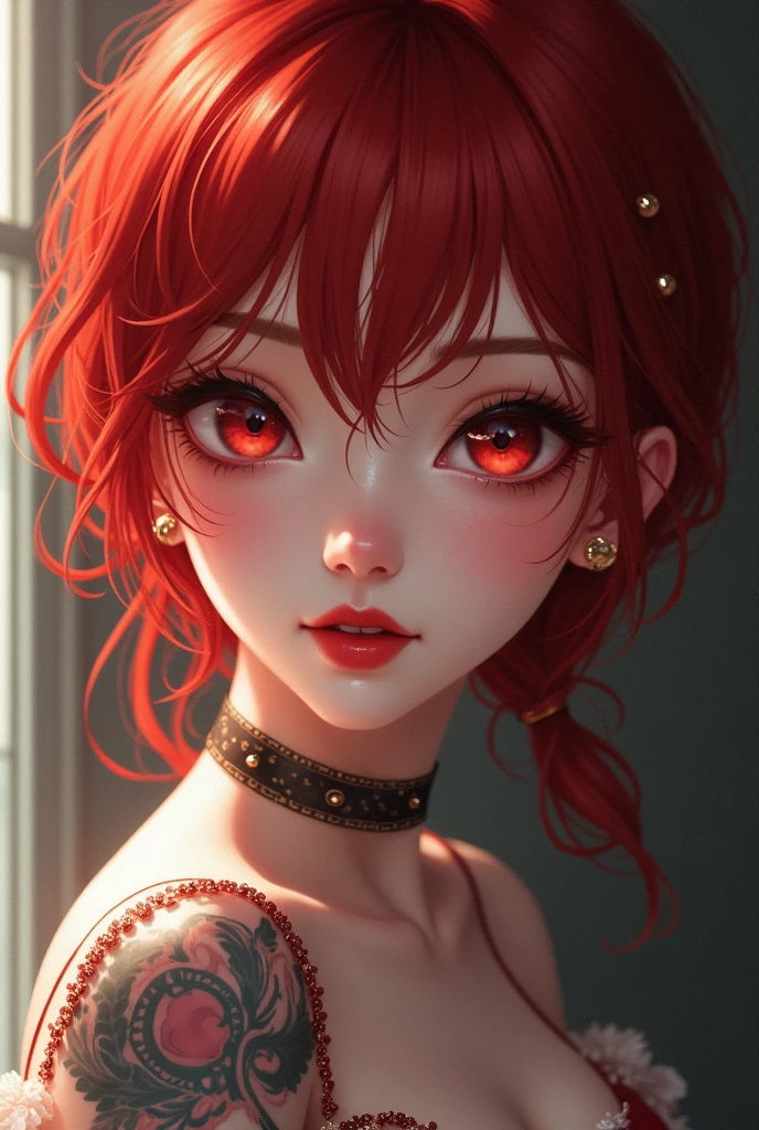 Lady,Red hair,dress,beautiful,anime,tattoo, face portrait, close up, big beautiful detailed eyes, ulzzang,