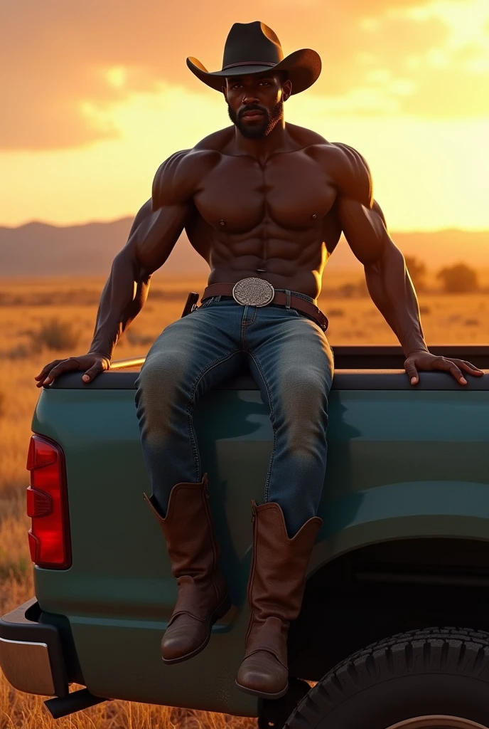 A very handsome dark-skinned muscular cowboy resting shirtless on a pickup truck at sunset, prominent muscles, marked abdomen, tight jeans, muscular legs, cowboy running, brown boots, ranch landscape, ultra-realistic, 4k