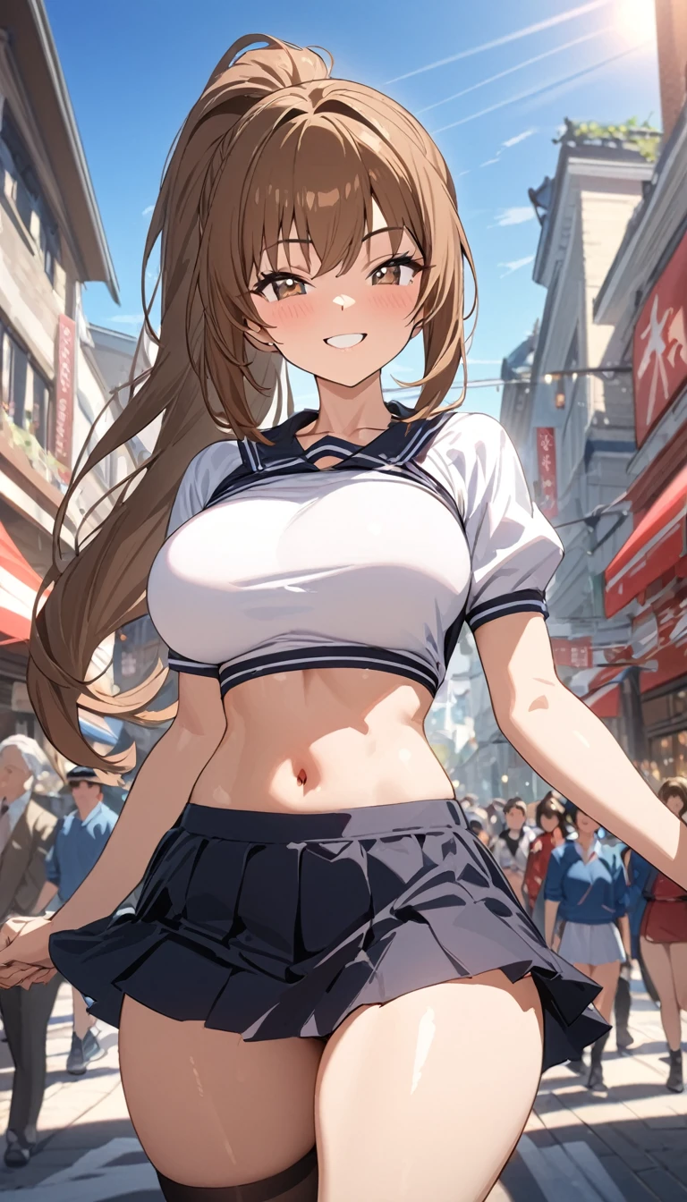 (masterpiece, top quality: 1.2), anime style, Super detail, Great lighting, (1 girl: 1.3), (High resolution:1.2),(​masterpiece、premium:1.2),very detailed eyes,, perfect face, very beautiful female body, beautiful thighs, big chest, good lighting, cowboy shot, Alone, 1 girl, (((happy face))), standing, Dynamic pose, walking around town, Look at the spectators, long brown hair, ponytail, Mai Shiranui (The King of Fighters)、Brown eyes, short skirt, high thigh socks, cropped blouse, shows the navel, smiling happy, busy street in the background, schoolgirls in the background, schoolgirls walking in background