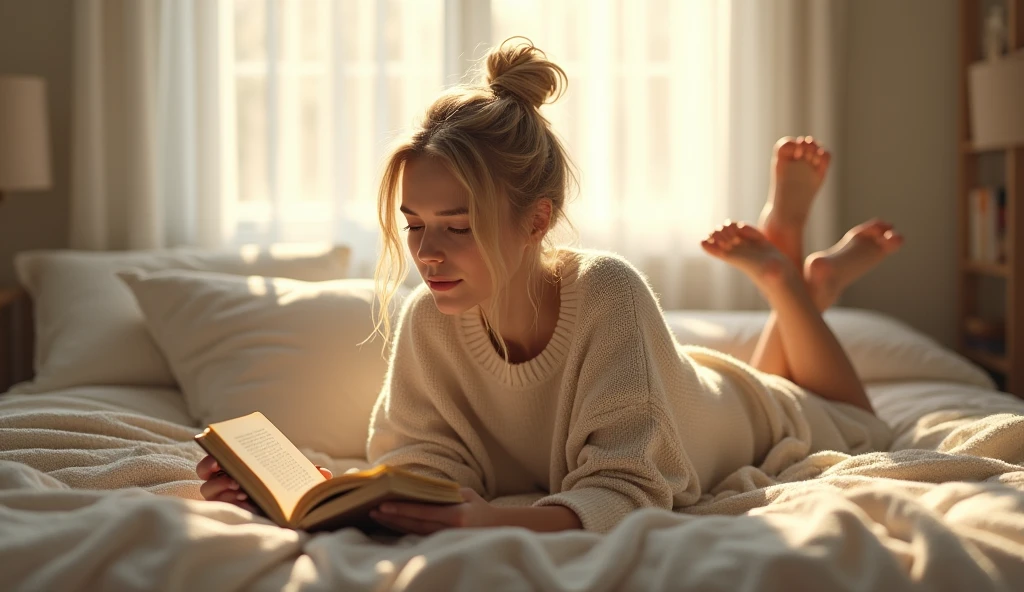 "A young woman with light blonde, wavy hair, styled in a relaxed, messy bun, lying on her stomach on a large, comfortable bed. She is reading a book, with her legs crossed at the ankles and feet playfully kicked up behind her. She’s wearing a soft, oversized sweater, and the room is softly lit with natural light coming from a nearby window. The setting is cozy and intimate, with a few pillows and a light blanket adding to the warm, comforting atmosphere
