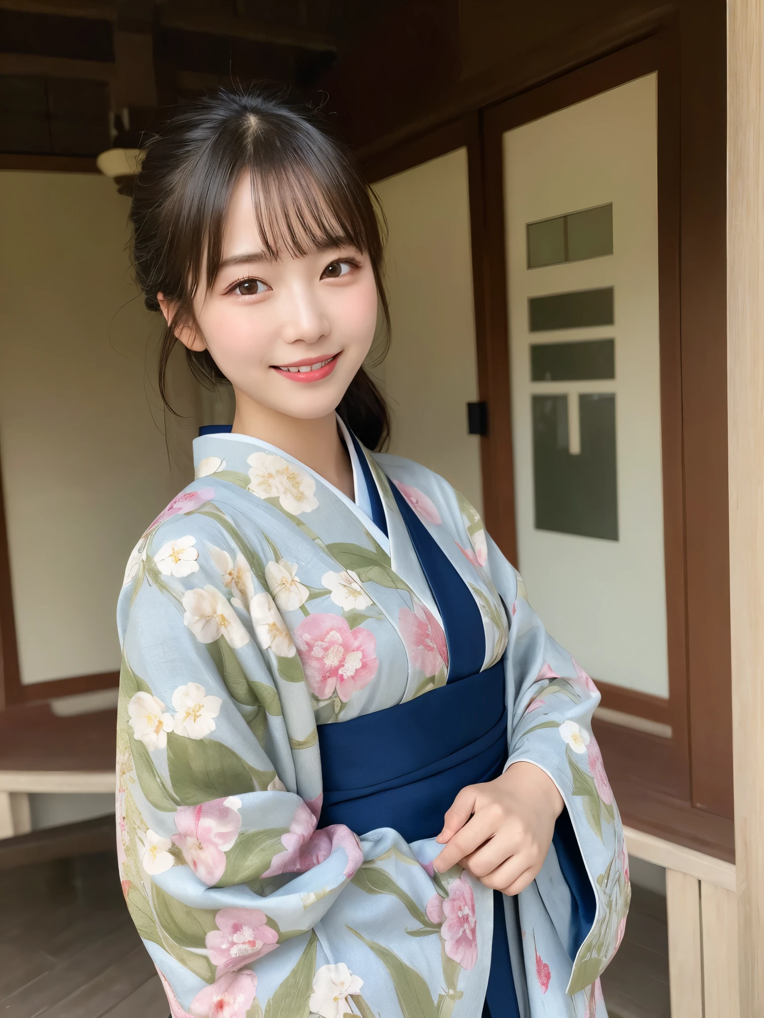 1girl, solo, highres, best_quality, masterpiece, detailed_background, intricate_details, beautiful, nara, mount_wakakusa, nature_view, traditional_clothes, kimono, serene, smile, looking_at_viewer, dynamic_pose, natural_pose, candid, happy