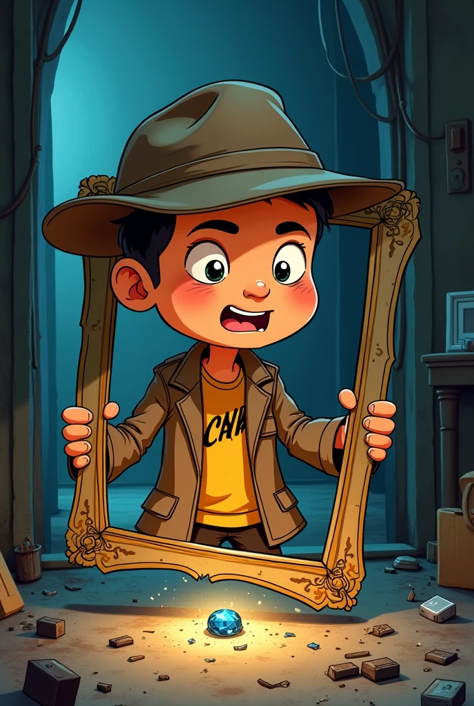 "Cartoon detective named Cristiano with a big head and , resembling a young Cristiano Ronaldo, finding a hidden jewel inside a broken picture frame. His head is almost stuck in the frame as he pulls out the jewel."
Details: The scene should be funny, with Cristiano’s head looking oversized compared to his body.
