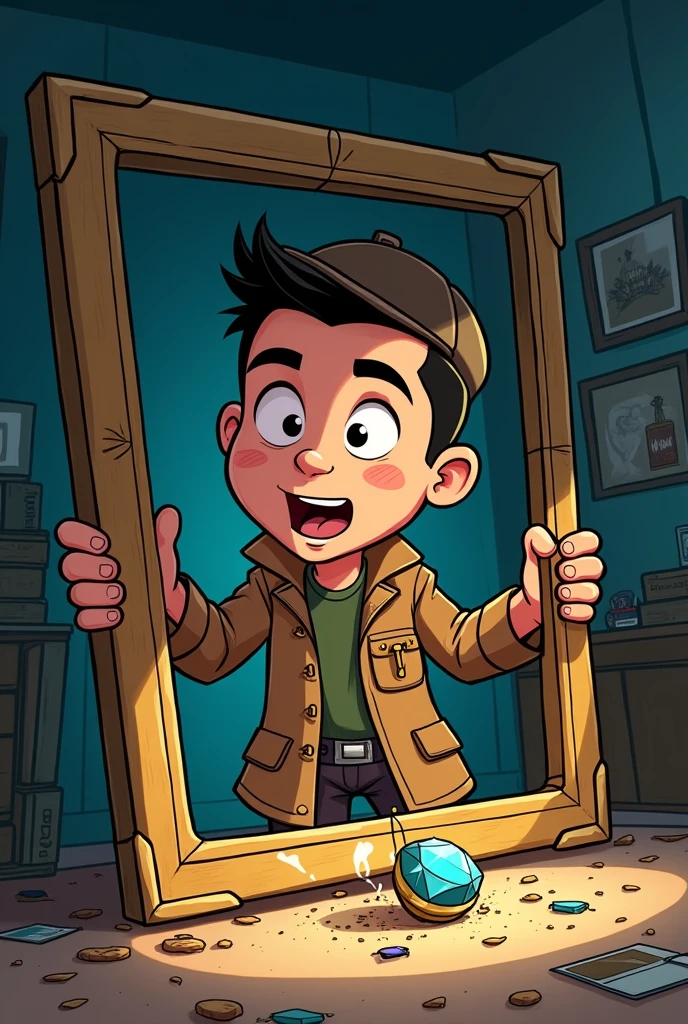 "Cartoon detective named Cristiano with a big head and , resembling a young Cristiano Ronaldo, finding a hidden jewel inside a broken picture frame. His head is almost stuck in the frame as he pulls out the jewel."
Details: The scene should be funny, with Cristiano’s head looking oversized compared to his body.
