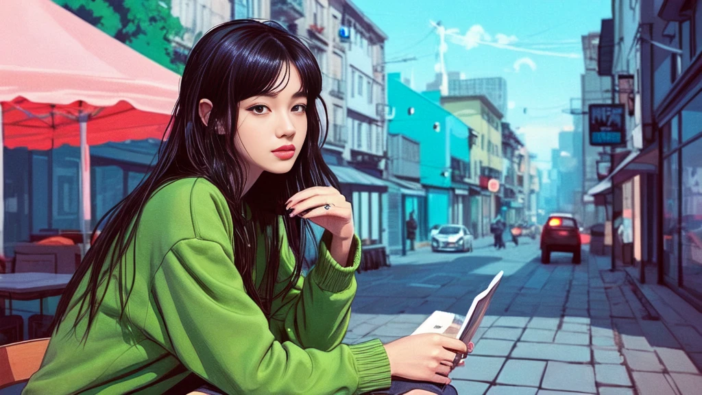 An illustration, Lofi Art, LOFI Girl, Portrait of Rofi, Lofi Artstyle, ローファイAn illustrationスタイル, Cool vibes, Relaxed atmosphere, Lo-fi art, Lo-fi feeling, LOFI Girl aesthetic, Cool vibe, 夢のようなAn illustration, relaxed mood, Cozy place, Lo-fi aesthetic