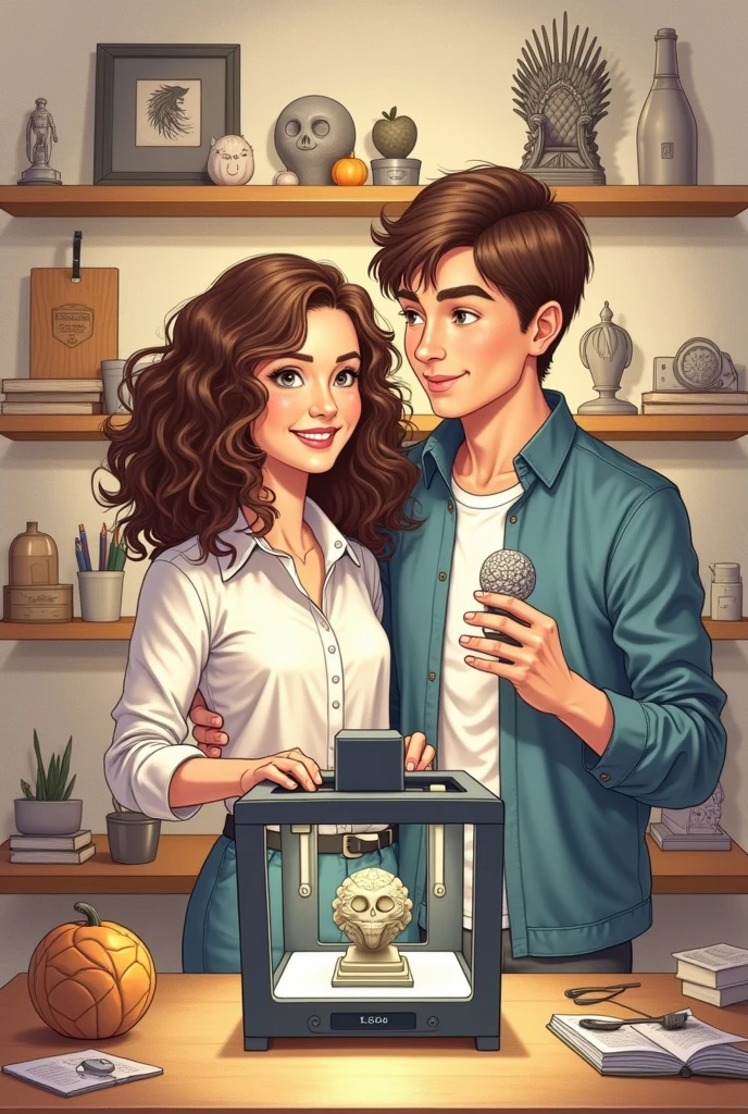 A beautifully detailed, hand-drawn illustration of a young couple enthusiastically starting their 3D printing business in a cozy, modern studio. The woman, who is white with curly brown hair, and the man, who has straight brown hair, are the central focus. They stand closely together by a sleek, sketch-style 3D printer on a workbench, with the machine actively printing a complex model. Around the printer, there are carefully drawn 3D-printed objects, including a small, intricate Iron Throne from "Game of Thrones," a lifelike Clicker mask from "The Last of Us," and an elegantly detailed wand from "Harry Potter." The woman is adjusting the printer with a focused expression, while the man proudly holds up a freshly printed object, both sharing a moment of pride and excitement. The background is filled with more 3D-printed collectibles displayed on shelves, all drawn in a warm, inviting style that reflects their shared passion and creativity as they embark on this new venture together.