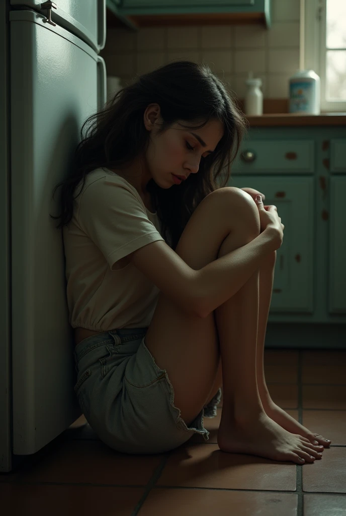 I want a beautiful woman sitting on the kitchen floor of her apartment, very sad, crying., she is leaning with her back against the fridge
