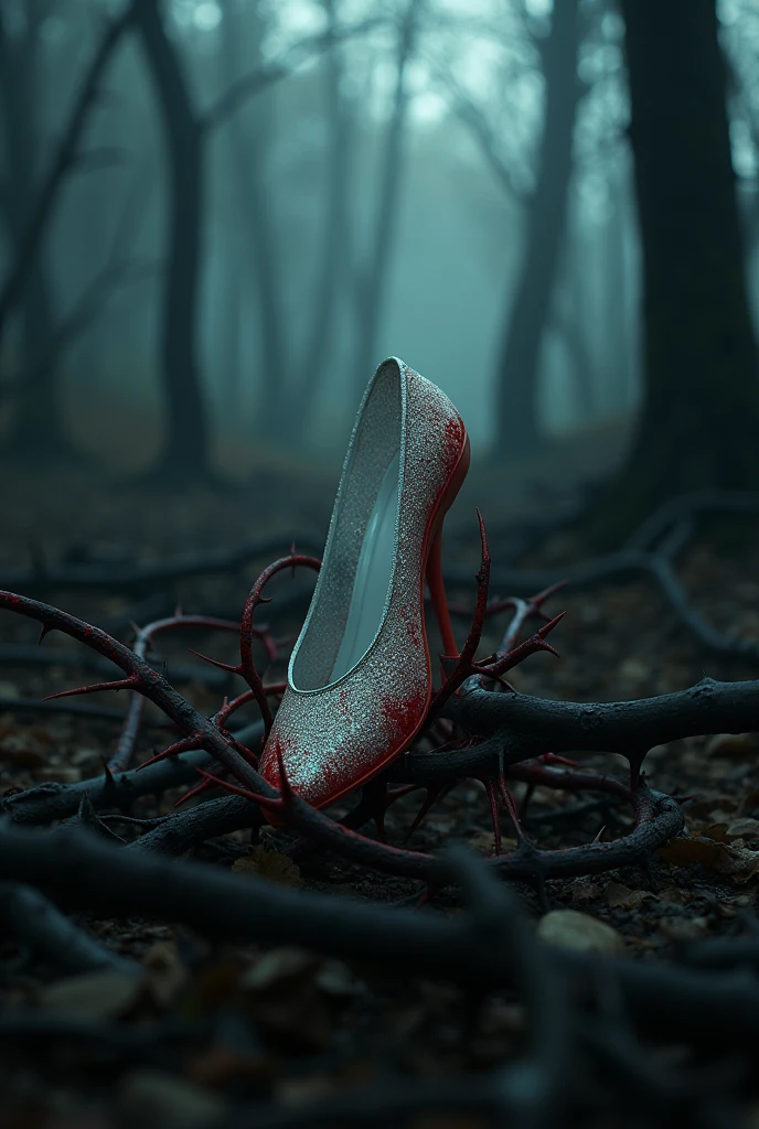 A glass slipper tangled with thorns and blood in the middle of a dark and gloomy forest