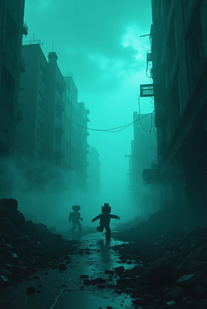 dark sky with dark colors reminiscent of the Roblox gaming platform, iuts night time with a hyper immersive and hyper detailed playing scene where the environment is in a constant state darknes and abandonment. The scene is highly detailed in 8K resolution, with the city's structures and characters rendered with care, embodying an abandon feel reminiscent of a city in ruins, with messy streets full of dirt and dirty dark broken and ruinned buildings where the action of playing unfolds with a dynamic and immersive dark blueish smoke, almost total darkness and a lot of dark and a lot of dark clouds, full of smoke, and people fighting for their lives and blocky characters with the buildings absolutely destroyed and unrecognizable, a lot of smoek, so much that you cannot see anything and the smoke has to be like blue with green