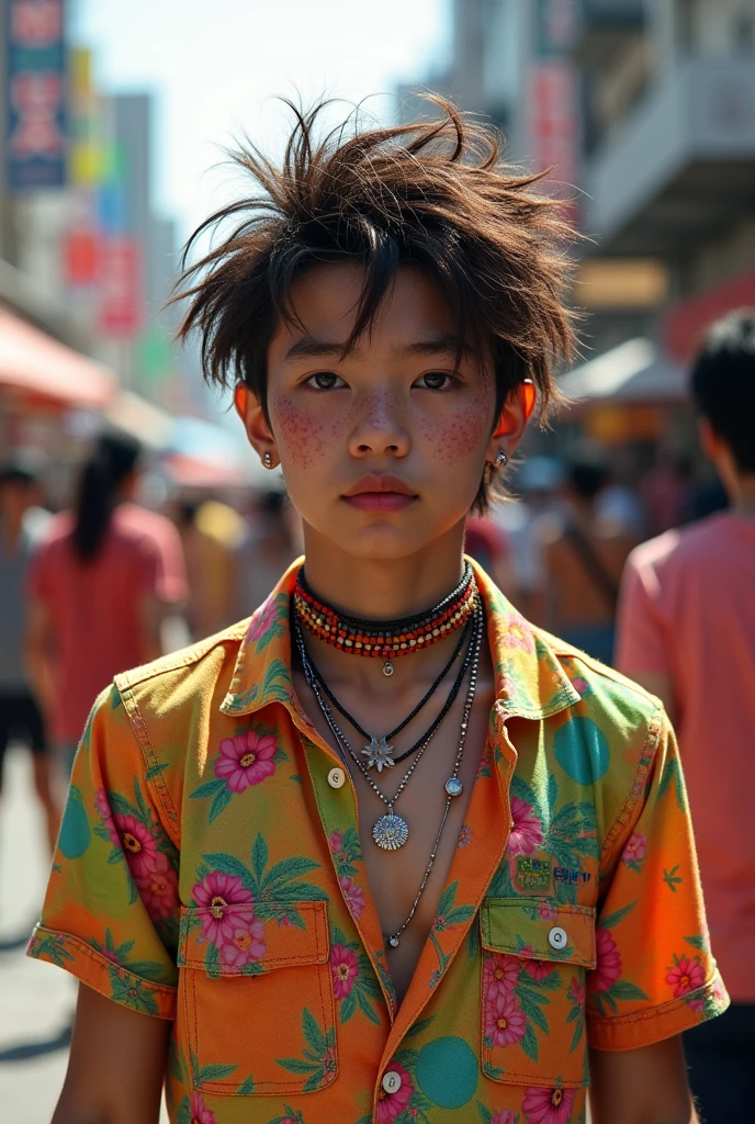 Gay,Filipino teenage boy, really white pale skin, has a lot of bracelets, wear unique or neon clothes and has brown long shaggy messy hair, ugly, has a lot of pimples
