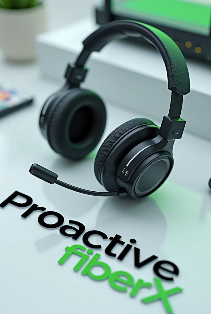 Create an image of a technical support headset and an internet ONT and below it the name Proactive FiberX highlighted in easy to read black and green colors