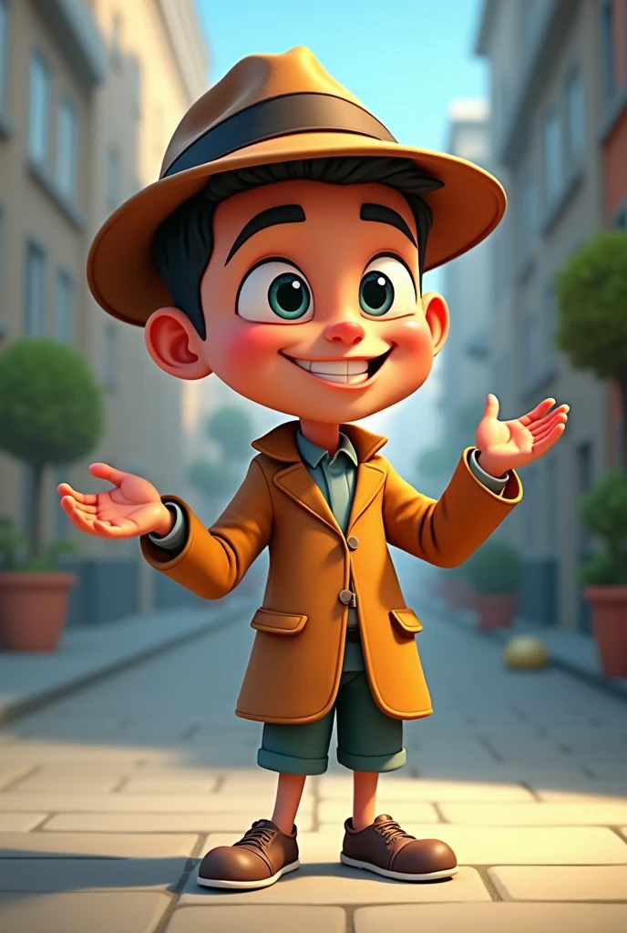 "Cartoon detective named Cristiano with a big head and , resembling a young Cristiano Ronaldo, confidently explaining the solution to the audience. He has a big smile and a triumphant pose."
Details: Cristiano should have an expressive, confident look, with his large head and making him appear amusing.