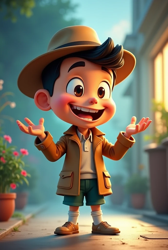 "Cartoon detective named Cristiano with a big head and , resembling a young Cristiano Ronaldo, confidently explaining the solution to the audience. He has a big smile and a triumphant pose."
Details: Cristiano should have an expressive, confident look, with his large head and making him appear amusing.