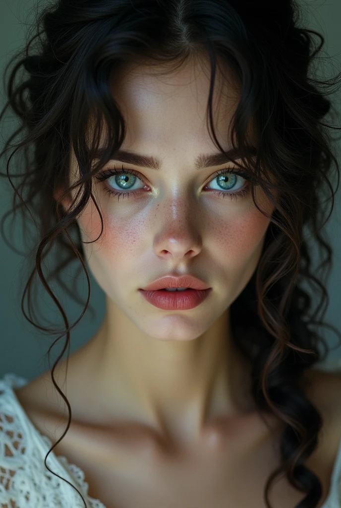 Beautiful woman, dark hair, blue eyes, White skin, curly and loose hair, easy harmony, slim, splattered nose, tearful eyes, subtle freckles, full lips