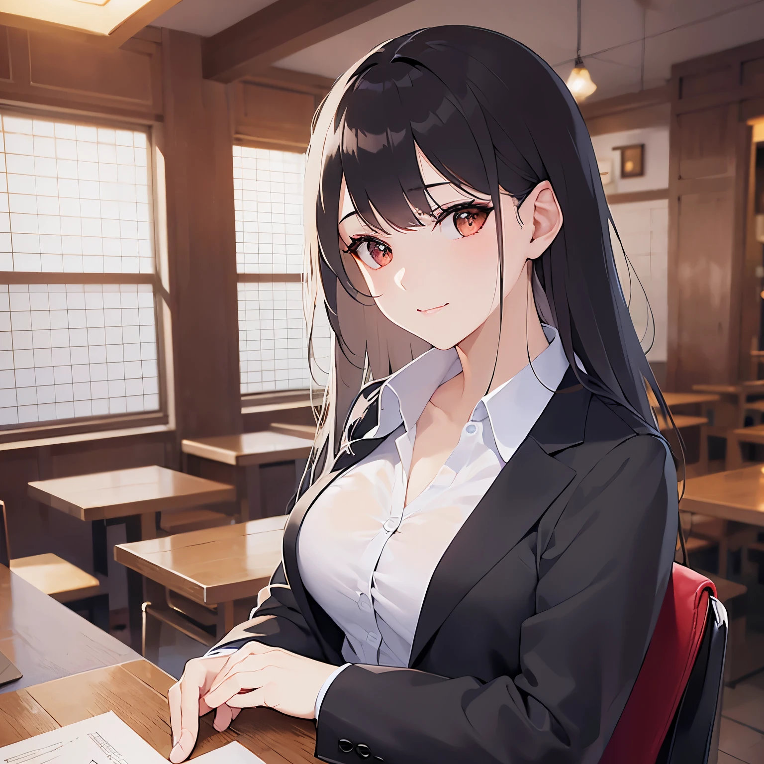 masterpiece,Highest quality,BREAK(Black blazer:1.5)and(white collared shirt)BREAK,Realistic,Real person,(Pale skin: 1.2),RAW Photos,Realistic,Glowing Skin,Shiny Hair,-old woman with medium-length hair and bangs)and(Wavy Hair)and(Brown Hair)and(Orange eyes),(light smile),(uneasy),The background is the interior of the izakaya,alone