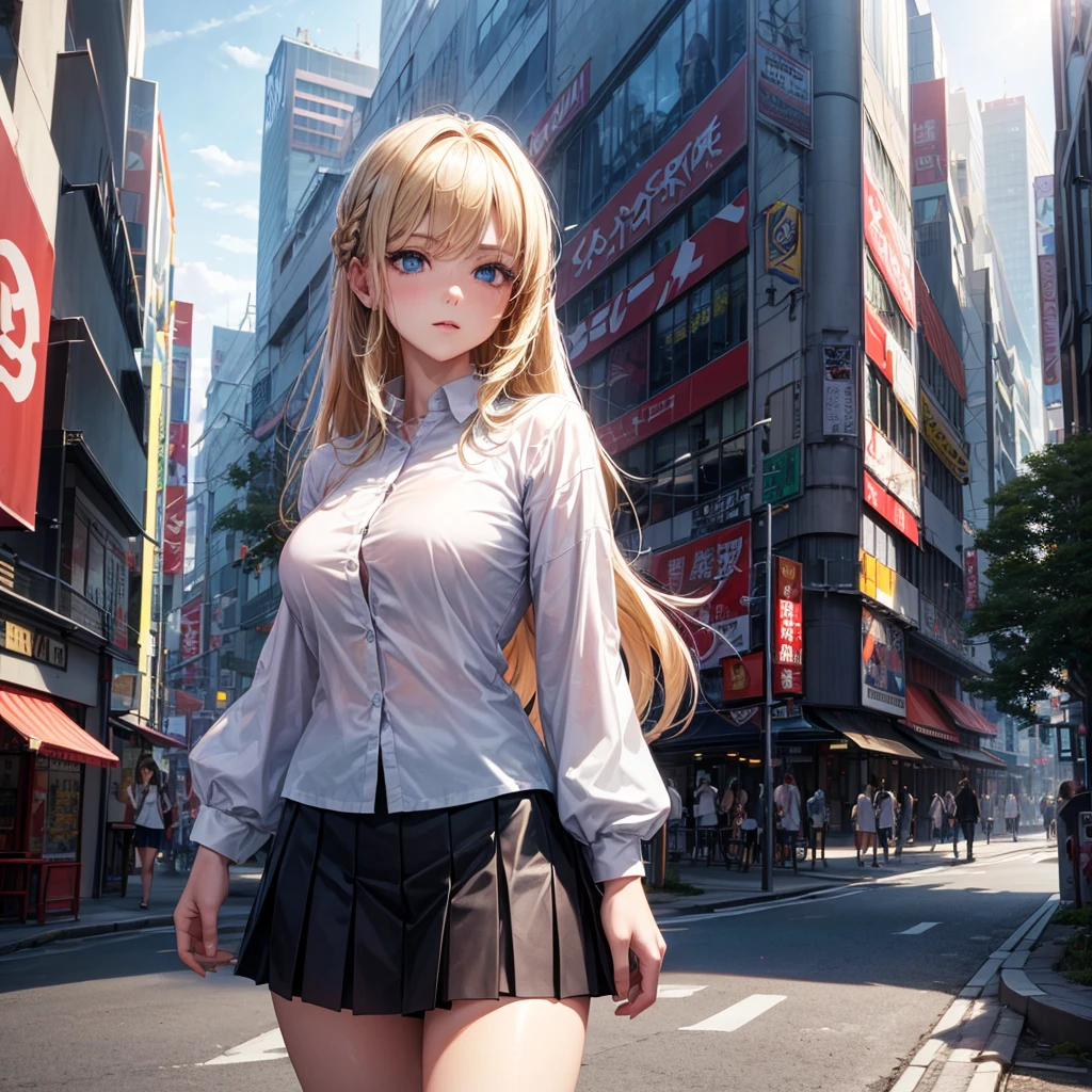 masterpiece, best quality, 8K, Photographic Reality, Practical, Octane Rendering, Bustling city streets in Japan (1 female: 1.4), (There is only one woman on the screen: 1.3), (White shirt), (Long blond hair), (Hip skirt), (blue eyes) Upper body display