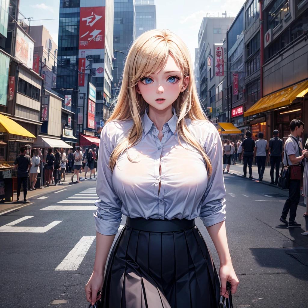 masterpiece, best quality, 8K, Photographic Reality, Practical, Octane Rendering, Bustling city streets in Japan (1 female: 1.4), (There is only one woman on the screen: 1.3), (White shirt), (Long blond hair), (Hip skirt), (blue eyes) Upper body display