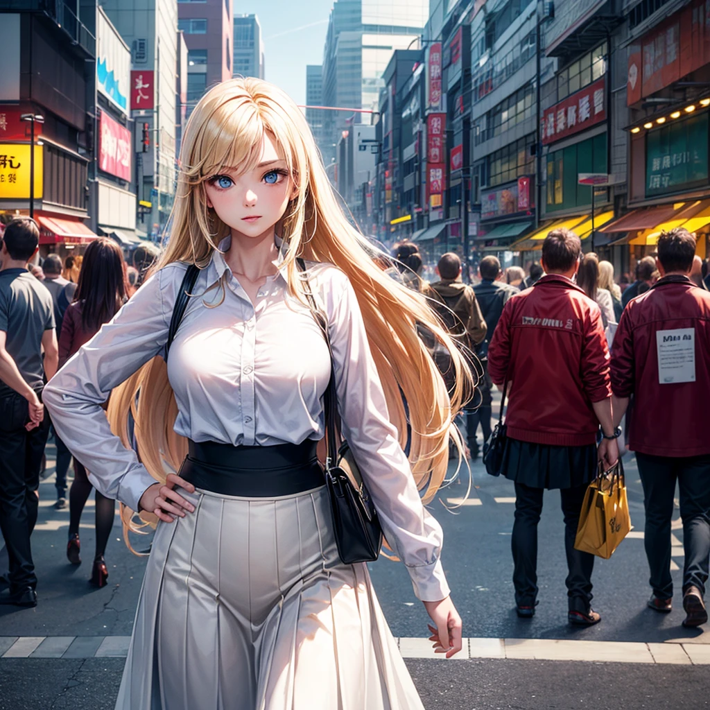 masterpiece, best quality, 8K, Photographic Reality, Practical, Octane Rendering, Bustling city streets in Japan (1 female: 1.4), (There is only one woman on the screen: 1.3), (White shirt), (Long blond hair), (Hip skirt), (blue eyes) Upper body display
