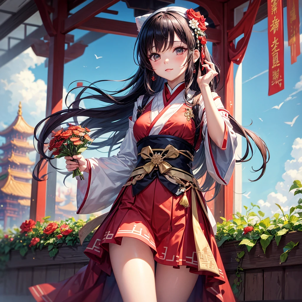 Wearing a red and black dress、Anime girl with red flowers in her hair, artwork in the style of Gu Weiss, Gu Weiss, Chinese Girl, Popular on cgstation, Cute anime girl in a beautiful skirt, Gu Weiss on pixiv artstation, palace , Girl wearing Hanfu, Beautiful digital artwork, Gu Weiss on artstation pixiv