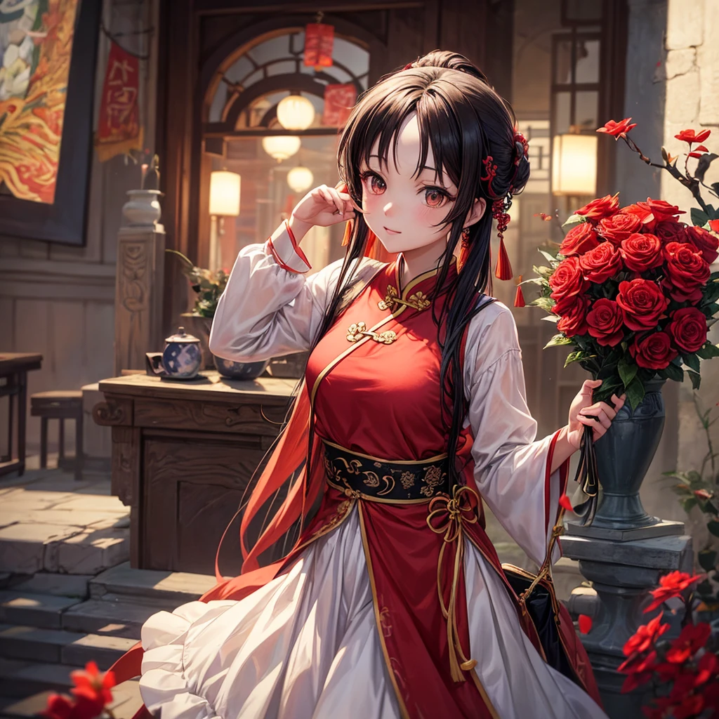 Wearing a red and black dress、Anime girl with red flowers in her hair, artwork in the style of Gu Weiss, Gu Weiss, Chinese Girl, Popular on cgstation, Cute anime girl in a beautiful skirt, Gu Weiss on pixiv artstation, palace , Girl wearing Hanfu, Beautiful digital artwork, Gu Weiss on artstation pixiv