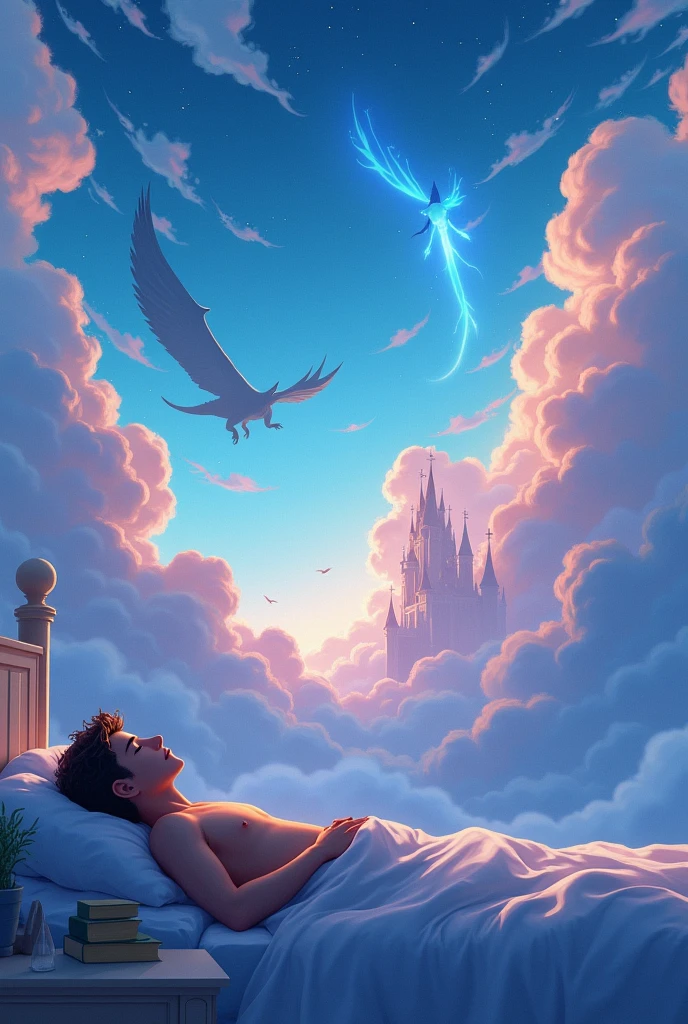 Alex, lying in bed, with a soft glow surrounding him as he dreams. In the dream, the clouds in the sky are transforming into fantastical shapes like dragons and castles. The sky is vibrant with colors, and Alex looks amazed, realizing he can control the dream. The scene is magical, with a sense of wonder and discovery