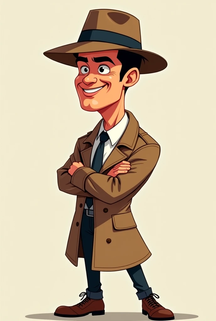 "Cartoon detective named Cristiano with a big head and , resembling a young Cristiano Ronaldo, standing proudly with arms crossed and saying, 'Think, buddy, think!' His facial expression is triumphant and humorous."
Details: Ensure Cristiano’s pose is victorious, and his catchphrase is clear.