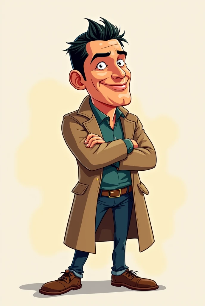 "Cartoon detective named Cristiano with a big head and , resembling a young Cristiano Ronaldo, standing proudly with arms crossed and saying, 'Think, buddy, think!' His facial expression is triumphant and humorous."
Details: Ensure Cristiano’s pose is victorious, and his catchphrase is clear.