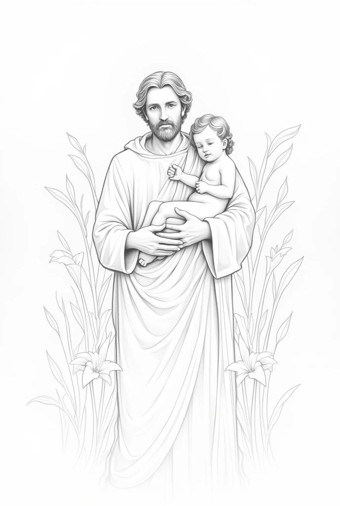 Image of Saint Joseph with lilies and Jesus made in drawing only with pencil lines without shadows or colors without any shadow effect only contours