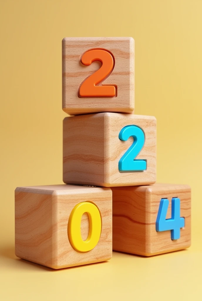 Create a messy stack of 4 colored wooden toy blocks on top of each other with each cube having the number 2, 0, 2 and 4